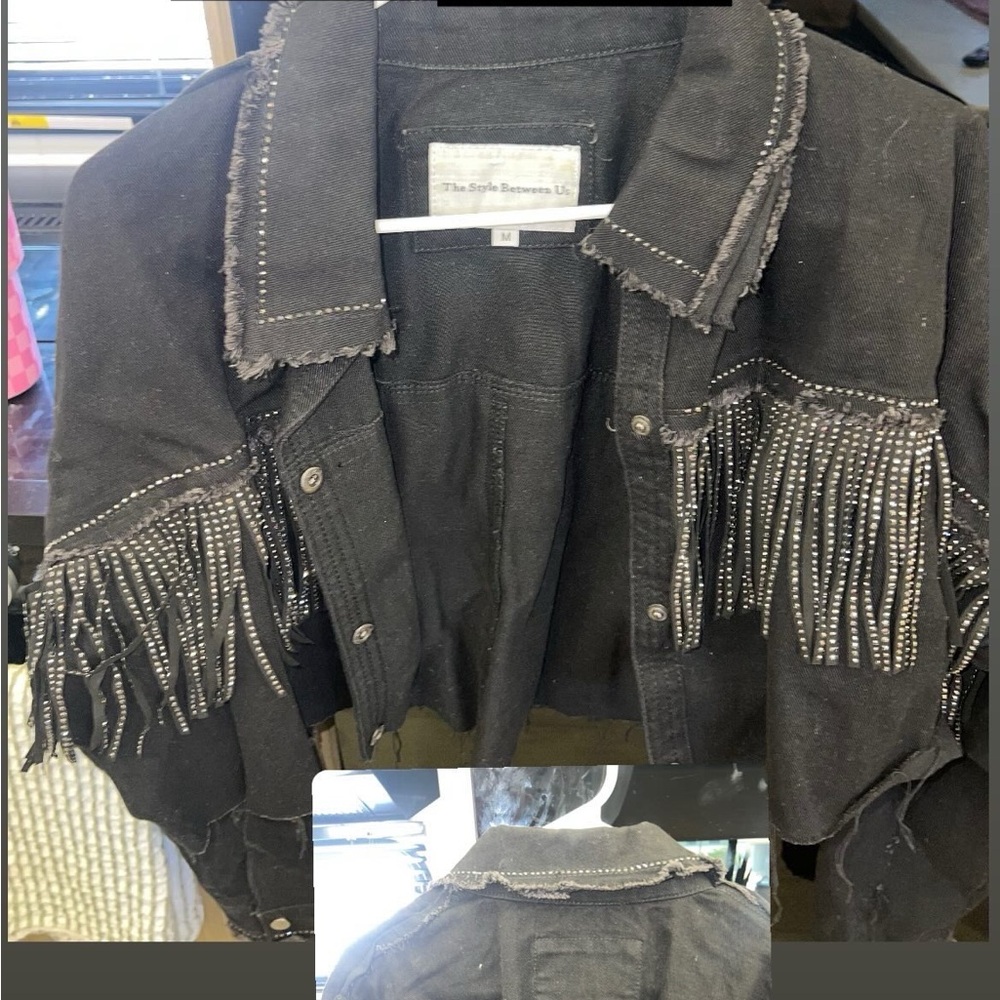 Black cropped Fringe Stud Denim Jacket - M